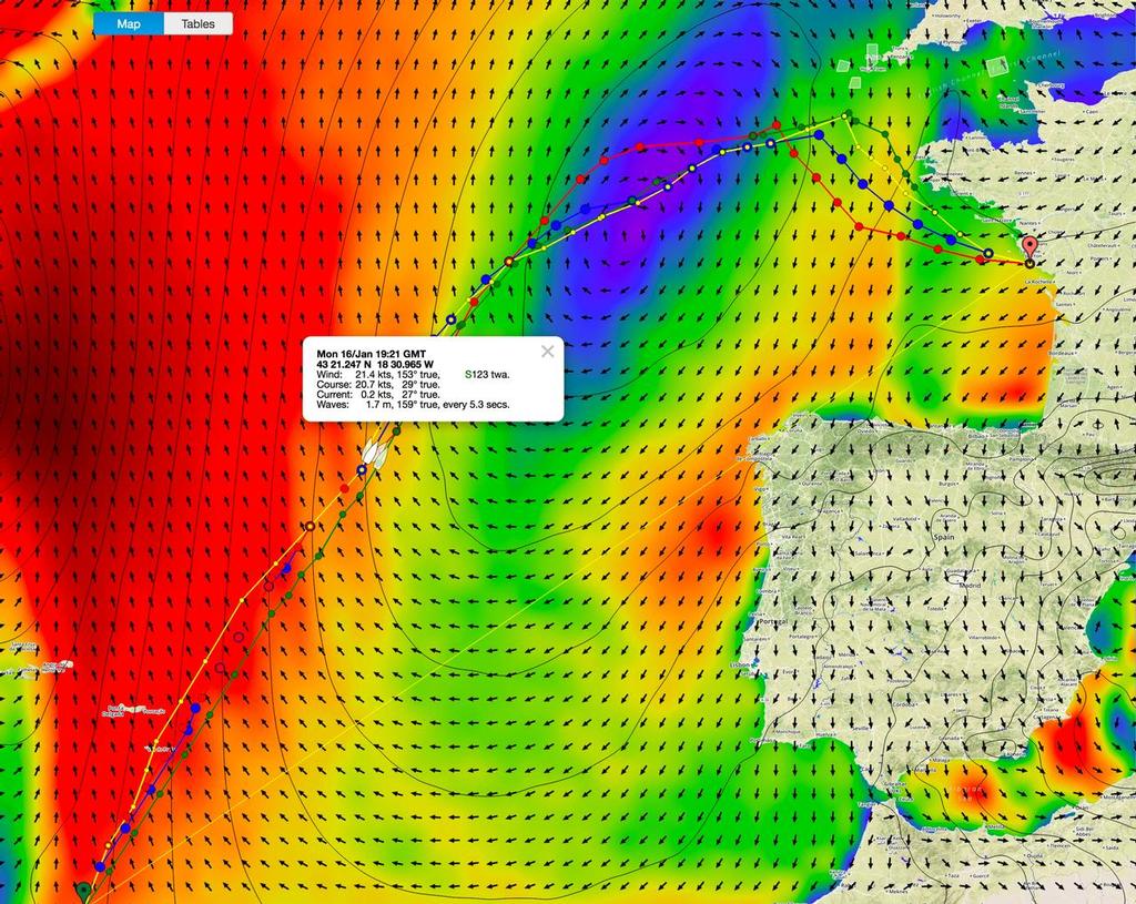 Positions of the lead boats, and change in the weather forecast as of Wednesday January 18, 2017 at 0418GMT © PredictWind